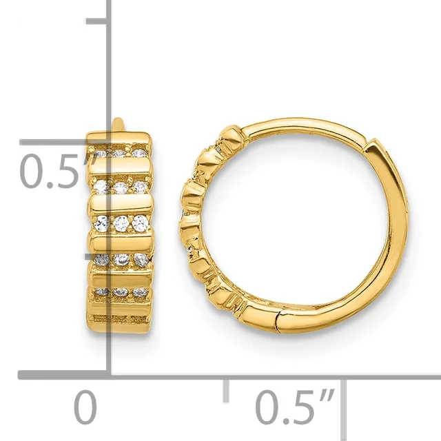 A pair of gold hoop earrings with diamond accents arranged in horizontal striped sections, shown from front and side views with measurement scale.