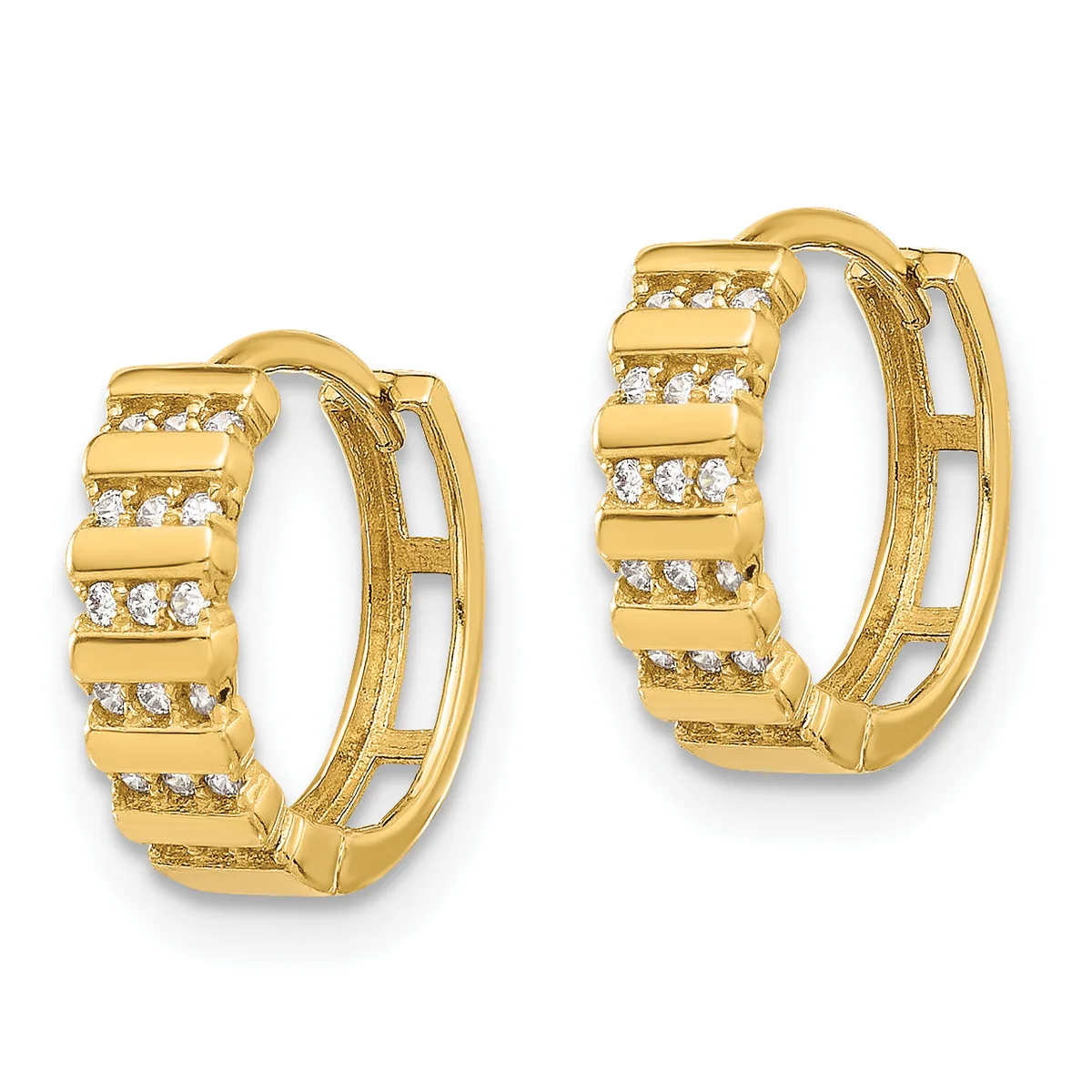A pair of gold hoop earrings with rectangular segmented design featuring cubic zirconia stones set in alternating bands along the front surface.