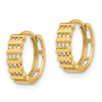 A pair of gold hoop earrings with rectangular segmented design featuring cubic zirconia stones set in alternating bands along the front surface.