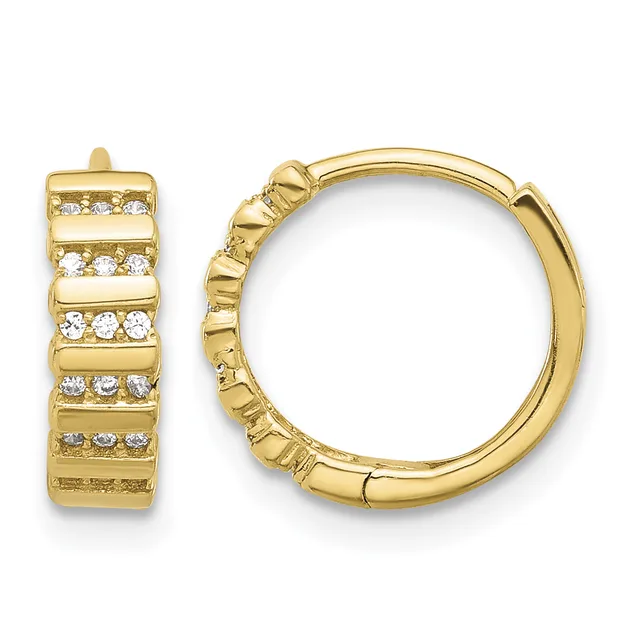 Pair of gold huggie earrings with alternating polished and diamond-set horizontal ridged sections, shown from front and side views.