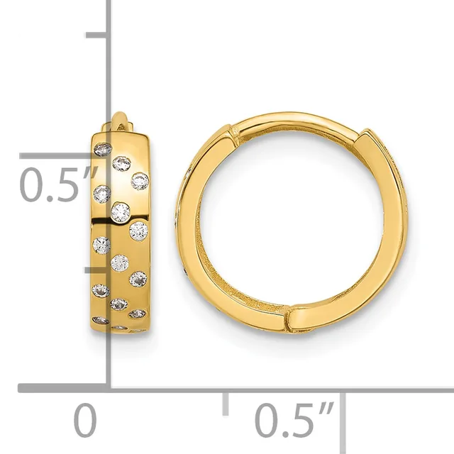 A pair of gold hoop earrings with scattered diamond accents, shown from front and side views next to a measurement scale.
