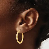 A gold hoop earring with a textured surface worn on the earlobe of a person with brown skin.