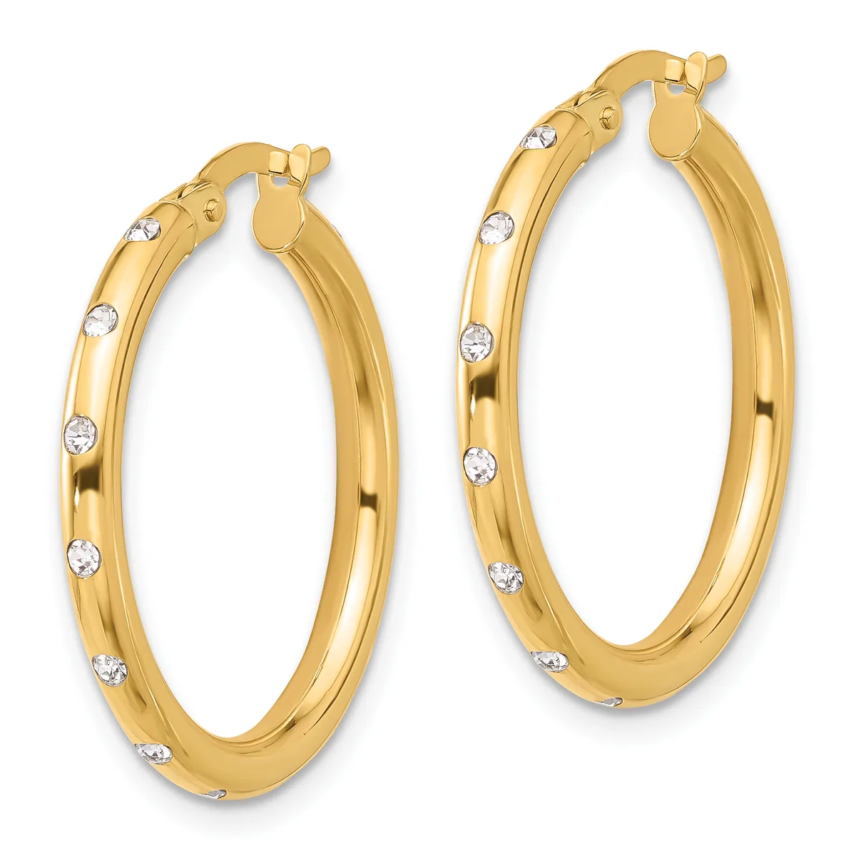 A pair of gold hoop earrings with round diamond accents spaced along the outer surface, shown from the front.