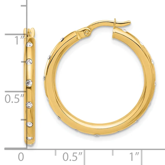 Gold hoop earrings with diamond accents shown from front and side views against a measurement scale.