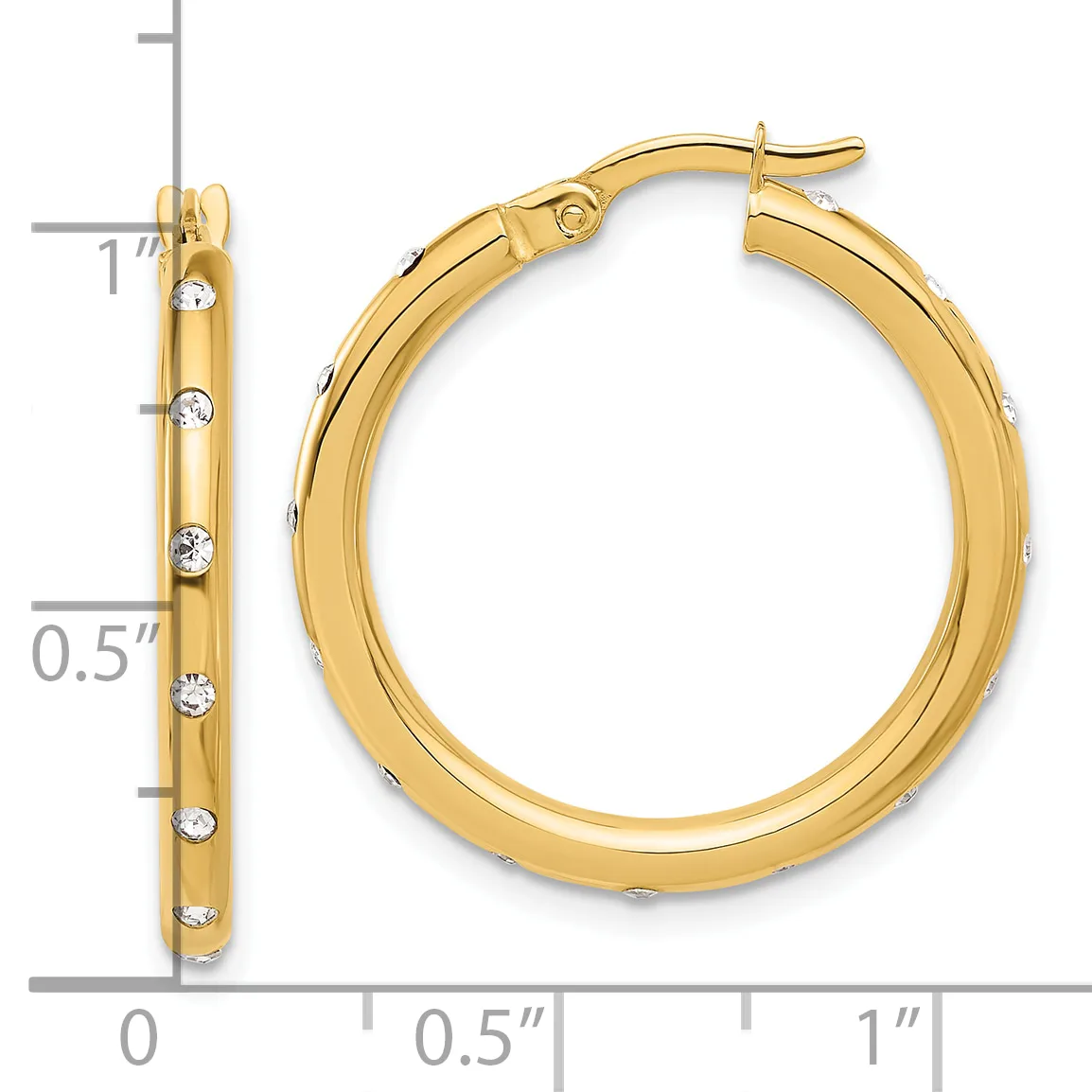Gold hoop earrings with diamond accents shown from front and side views against a measurement scale.