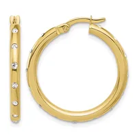 Pair of gold hoop earrings with round diamond accents set along the surface, shown from front and side views.