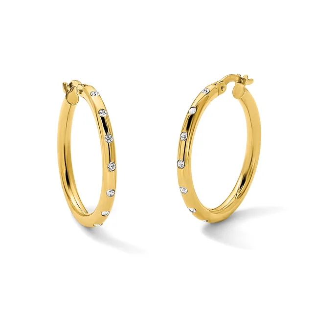 A pair of gold hoop earrings with diamond accents spaced around the outer surface, shown from a front-facing angle.