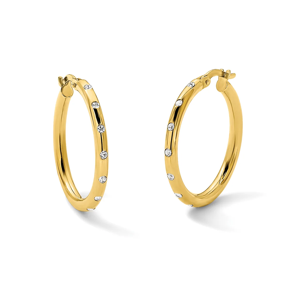 A pair of gold hoop earrings with diamond accents spaced around the outer surface, shown from a front-facing angle.