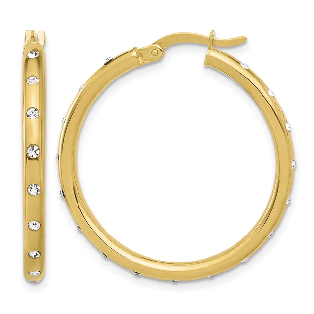 A pair of gold hoop earrings with white crystal accents set around the outer surface, shown from the front and side views.