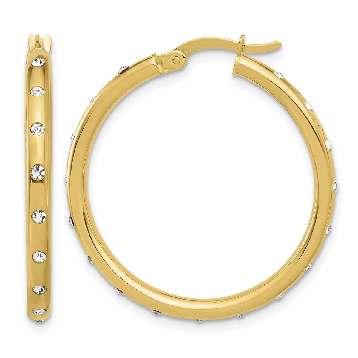 A pair of gold hoop earrings with white crystal accents set around the outer surface, shown from the front and side views.