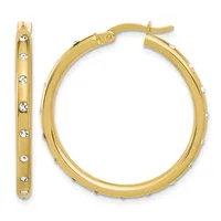 A pair of gold hoop earrings with white crystal accents set around the outer surface, shown from the front and side views.