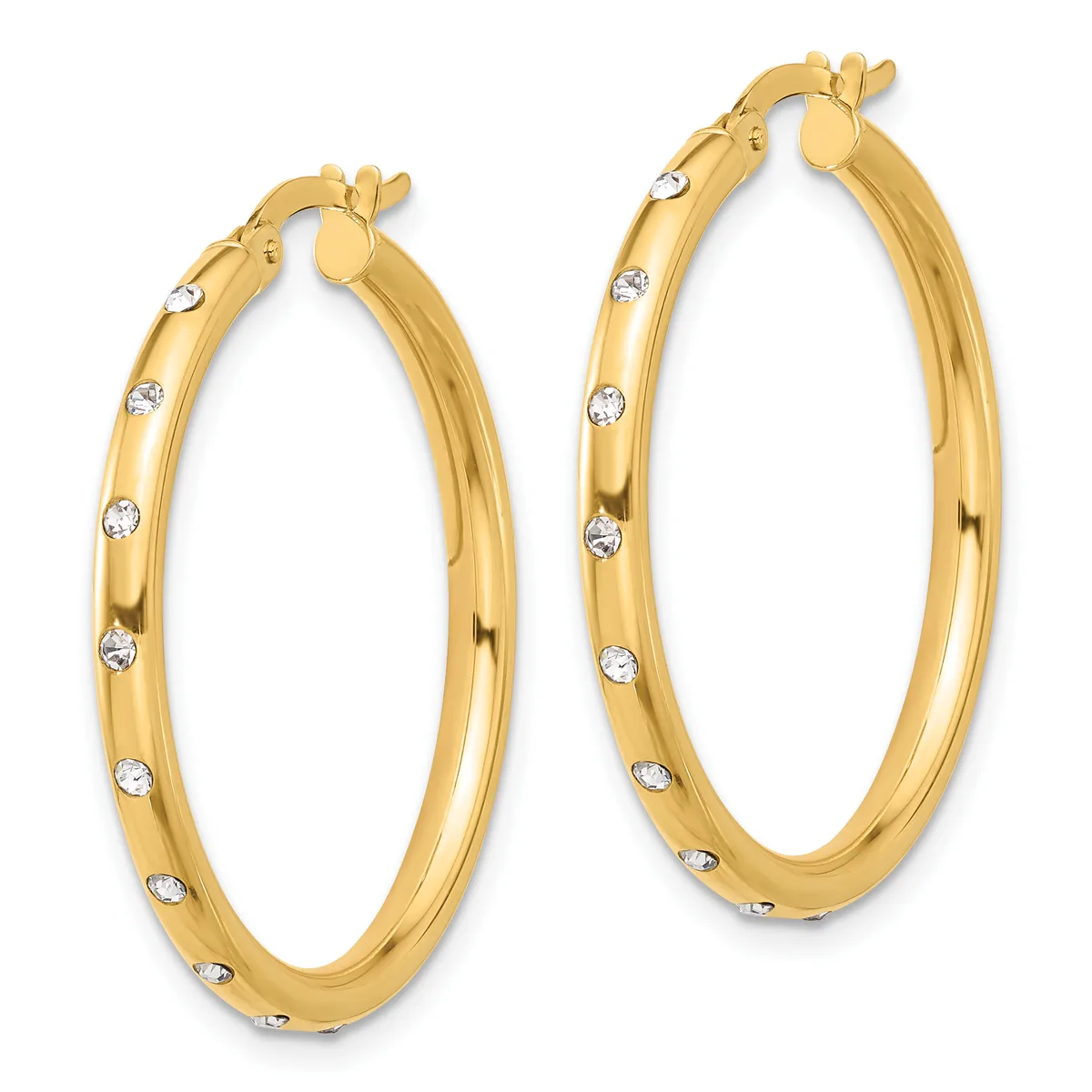A pair of gold hoop earrings with diamond accents evenly spaced around the outer surface, shown from the front.