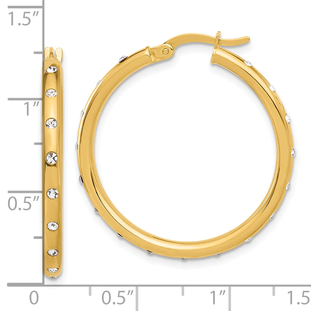 Gold-tone hoop earrings with crystal accents displayed next to a ruler showing approximately 1.5 inches in length.