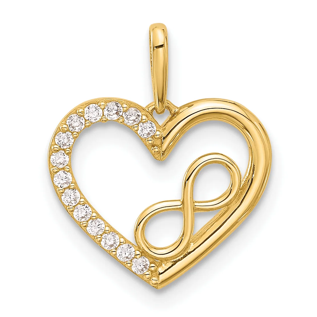 Gold heart pendant with diamond accents along the left curved edge and an infinity symbol cutout on the right side, suspended from a gold bail.