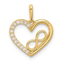 Gold heart pendant with diamond accents along the left curved edge and an infinity symbol cutout on the right side, suspended from a gold bail.