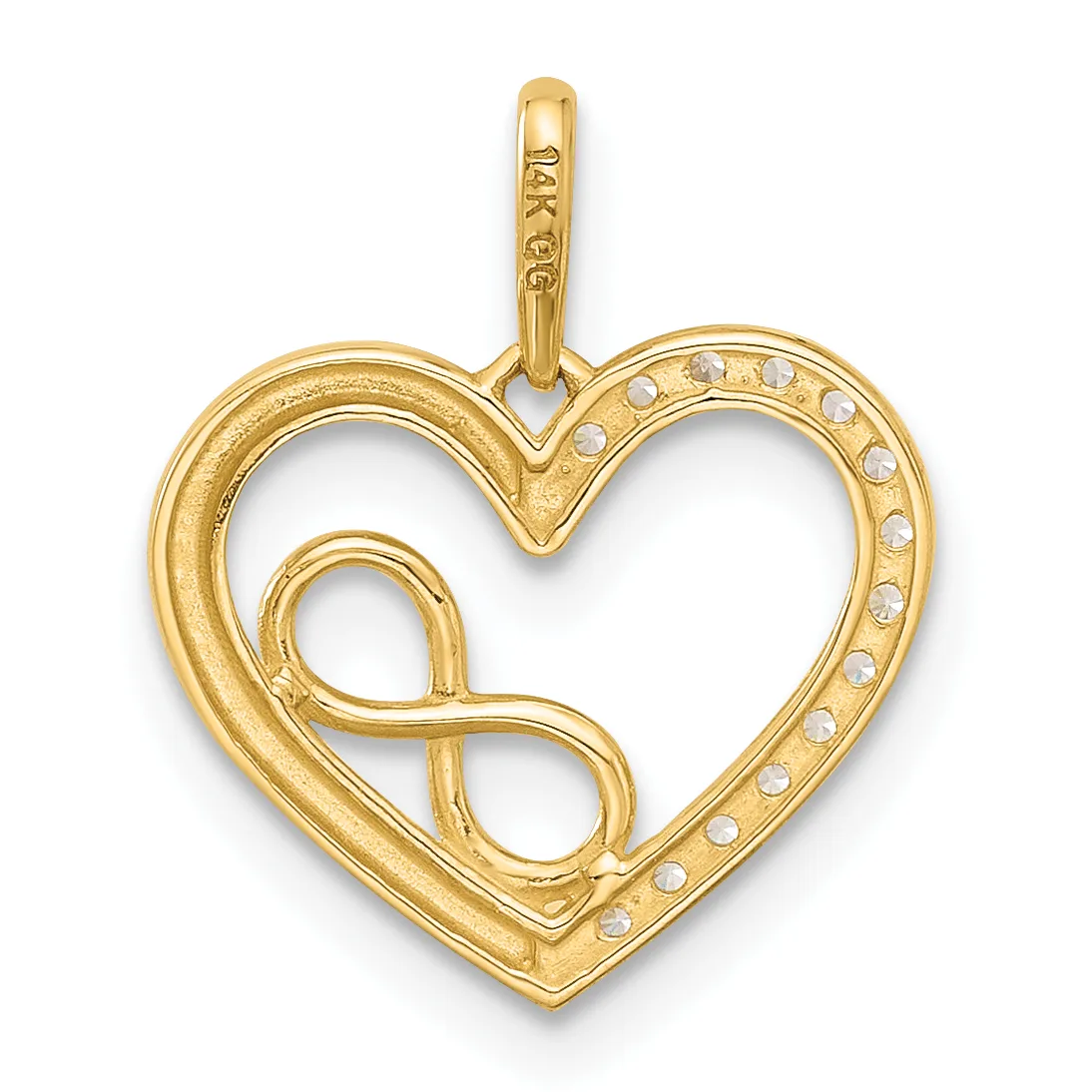 Gold heart pendant with an infinity symbol inside, decorated with small round stones along the right edge, suspended from a bail loop.