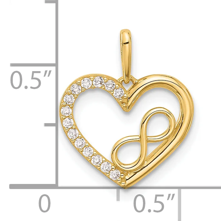 Gold heart pendant with diamond accents along the left side and an infinity symbol cutout on the right, shown with measurement scale indicating approximately 0.5 inches in height.
