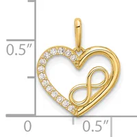 Gold heart pendant with diamond accents along the left side and an infinity symbol cutout on the right, shown with measurement scale indicating approximately 0.5 inches in height.