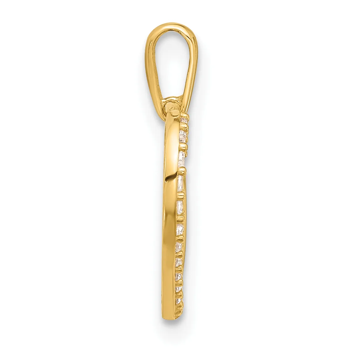 A gold pendant charm with a rectangular shape set with small diamonds, suspended from a gold loop bail.