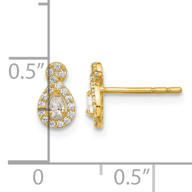 Gold teardrop stud earrings with pear-shaped center diamonds surrounded by round diamonds, shown at actual size with a measurement scale indicating approximately 0.5 inches in length.