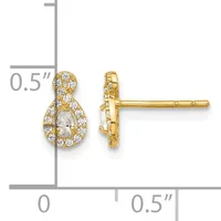 Gold teardrop stud earrings with pear-shaped center diamonds surrounded by round diamonds, shown at actual size with a measurement scale indicating approximately 0.5 inches in length.