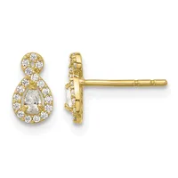 Pair of gold teardrop stud earrings with pear-shaped center diamonds surrounded by halos of round diamonds, shown from front and side views.