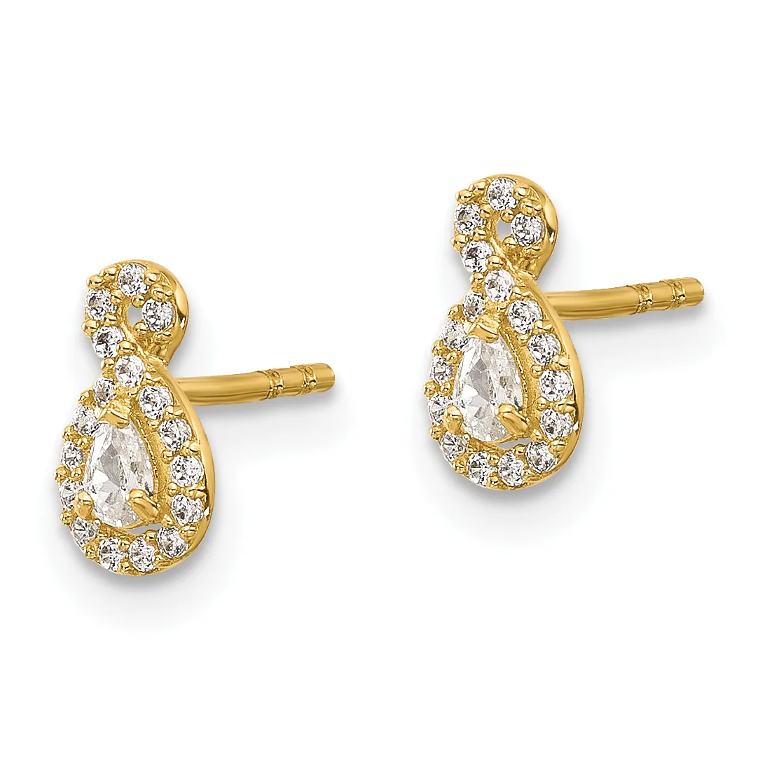 A pair of gold teardrop stud earrings with pear-shaped clear stones surrounded by smaller round diamonds set in yellow gold.