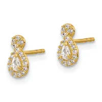 A pair of gold teardrop stud earrings with pear-shaped clear stones surrounded by smaller round diamonds set in yellow gold.
