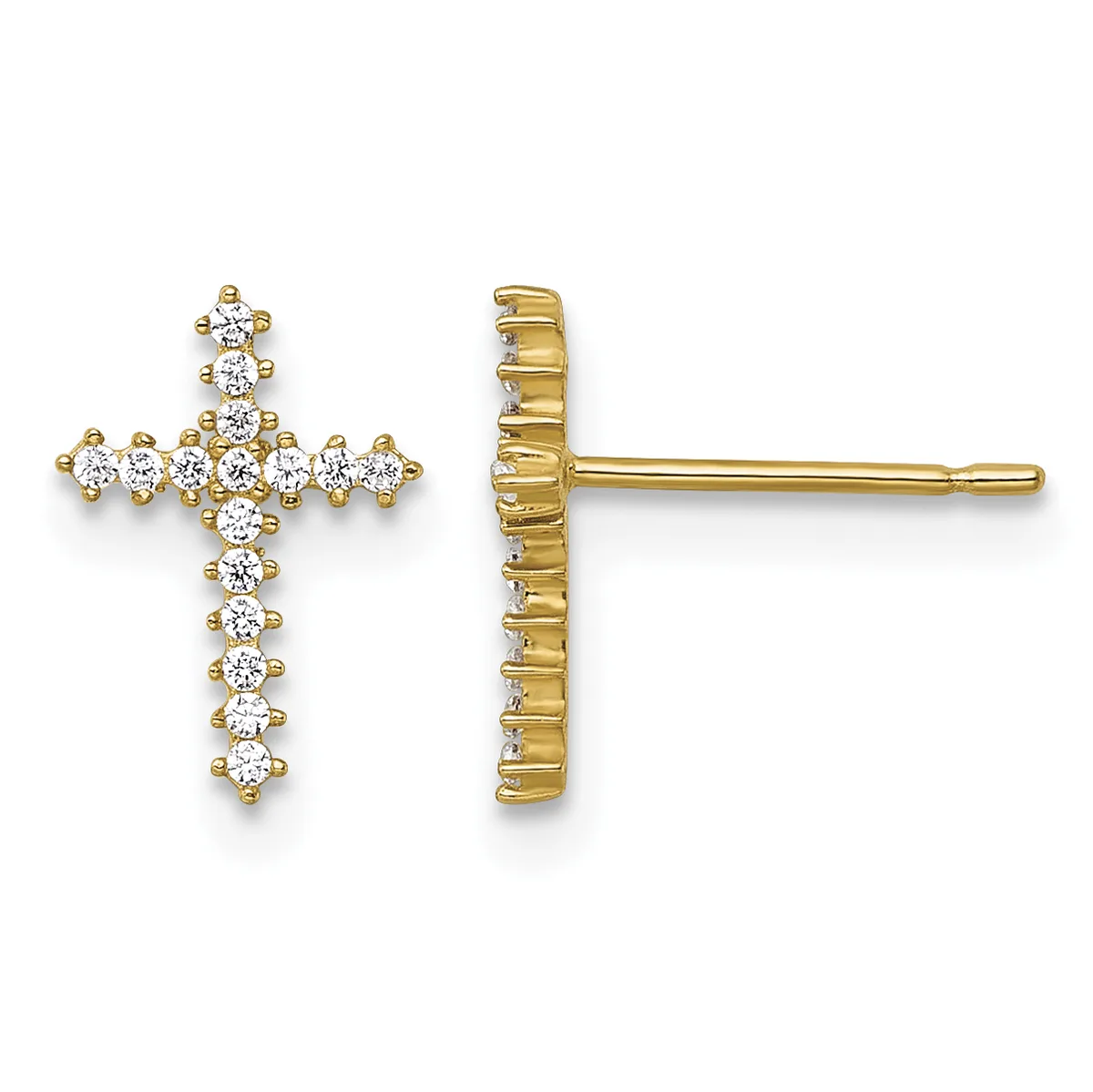 A pair of gold cross stud earrings set with round diamonds, shown from front and back views.