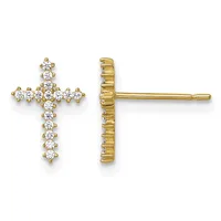 A pair of gold cross stud earrings set with round diamonds, shown from front and back views.