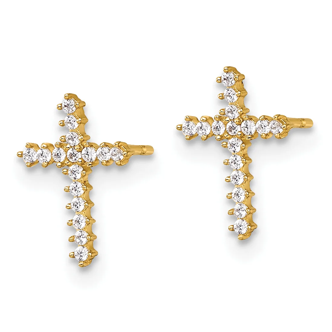 Pair of gold cross earrings set with round diamonds in a clustered pattern throughout, displayed against a white background.