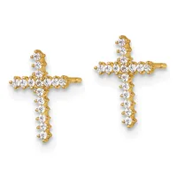 Pair of gold cross earrings set with round diamonds in a clustered pattern throughout, displayed against a white background.