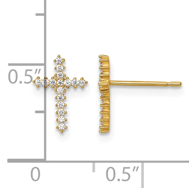 Gold cross stud earrings set with round diamonds, shown front and back view with a measurement scale indicating approximately 0.5 inches in height.