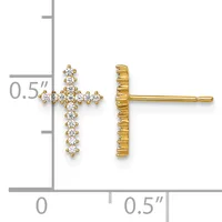 Gold cross stud earrings set with round diamonds, shown front and back view with a measurement scale indicating approximately 0.5 inches in height.
