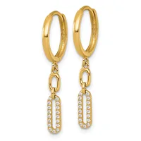 Pair of gold hoop earrings with dangling rectangular charms set with small round diamonds.