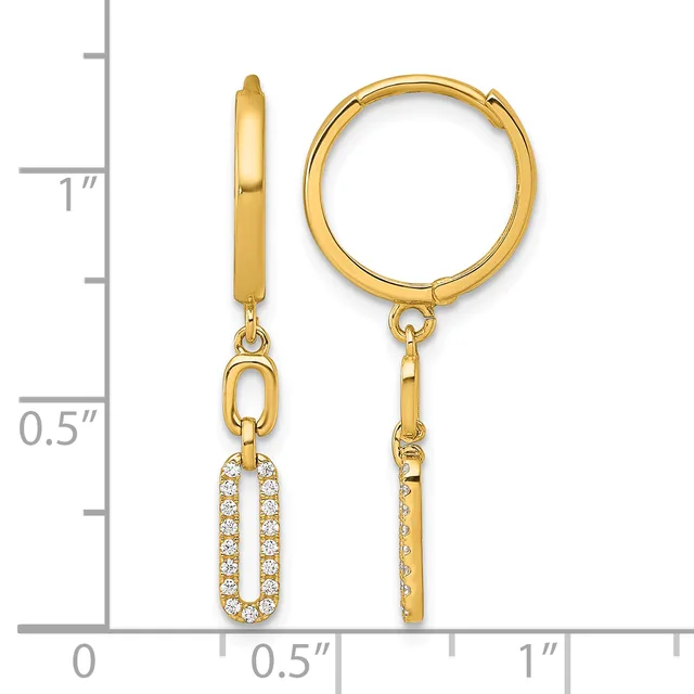 Gold hoop earrings with one featuring a dangling oval pendant set with cubic zirconia stones, displayed next to a measurement ruler.
