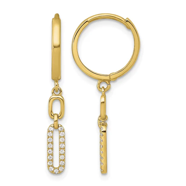 Pair of gold hoop earrings with hinged closures, one featuring a dangling oval charm paved with small round diamonds.