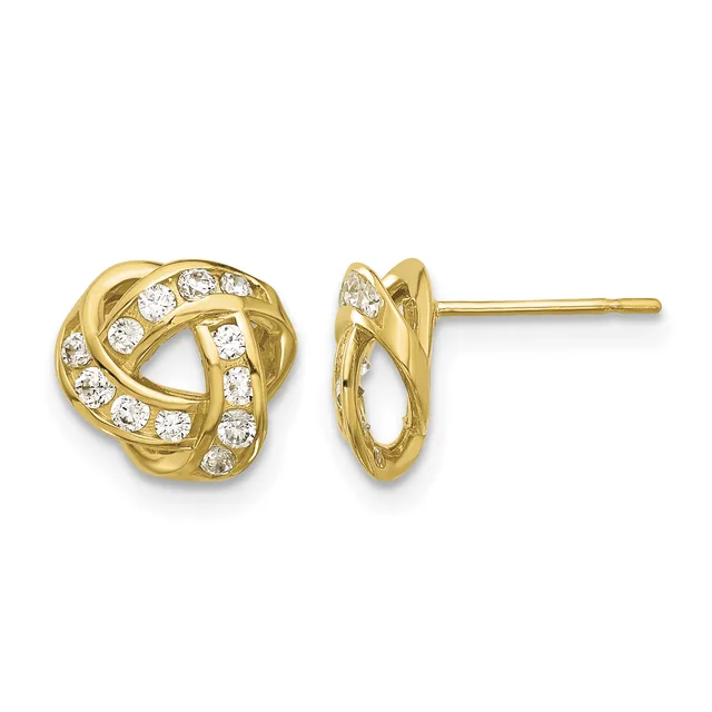 A pair of gold stud earrings with interlocking twisted bands set with round diamonds, shown from front and side views.