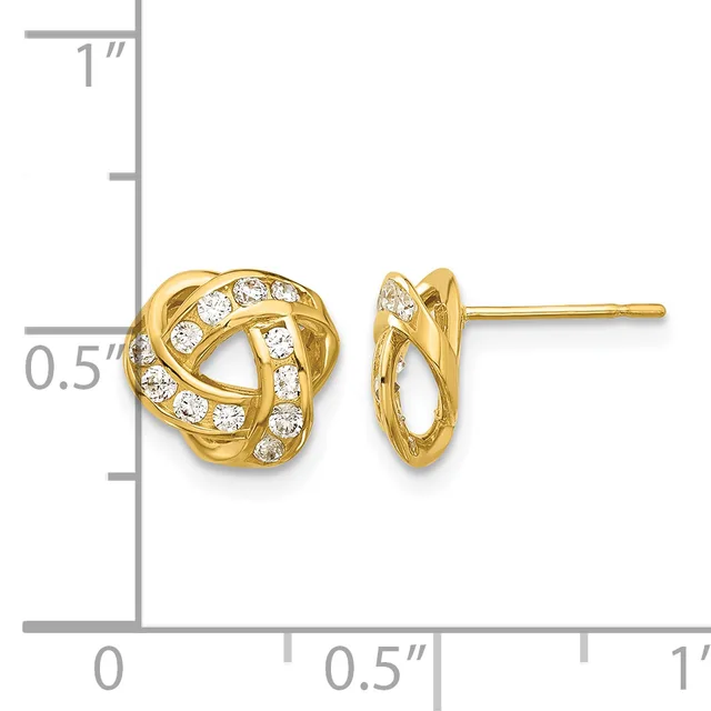 Gold knot stud earrings with cubic zirconia stones set throughout, displayed on a measurement scale showing approximately half-inch height.
