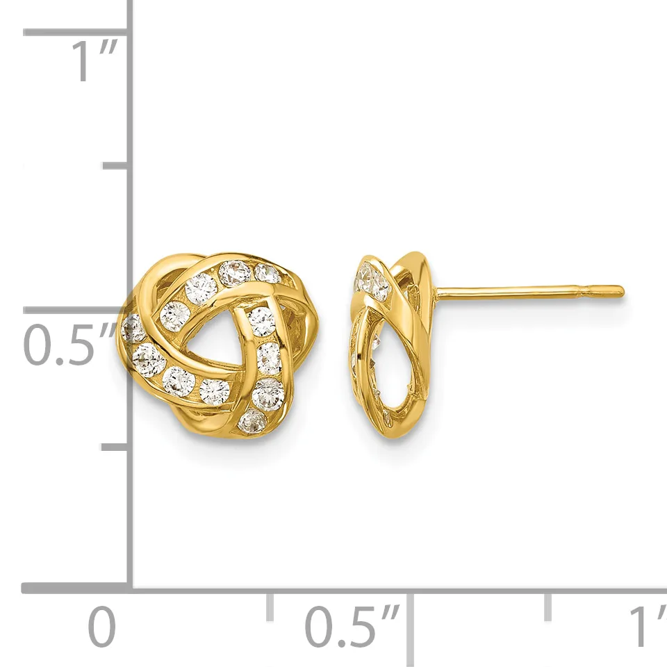 Gold knot stud earrings with cubic zirconia stones set throughout, displayed on a measurement scale showing approximately half-inch height.