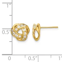 Gold knot stud earrings with cubic zirconia stones set throughout, displayed on a measurement scale showing approximately half-inch height.