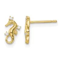 Pair of gold seahorse stud earrings with three small round diamonds set on each seahorse, shown from front and side views.