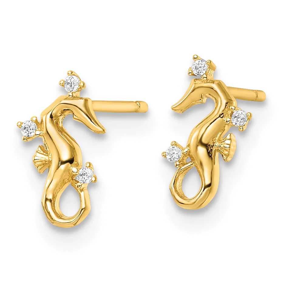 A pair of gold seahorse-shaped stud earrings with round diamond accents positioned along the body and tail of each seahorse.