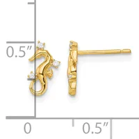Pair of gold stud earrings featuring curved serpentine designs with three round diamond accents on each earring, shown with measurement scale indicating 0.5 inch height.