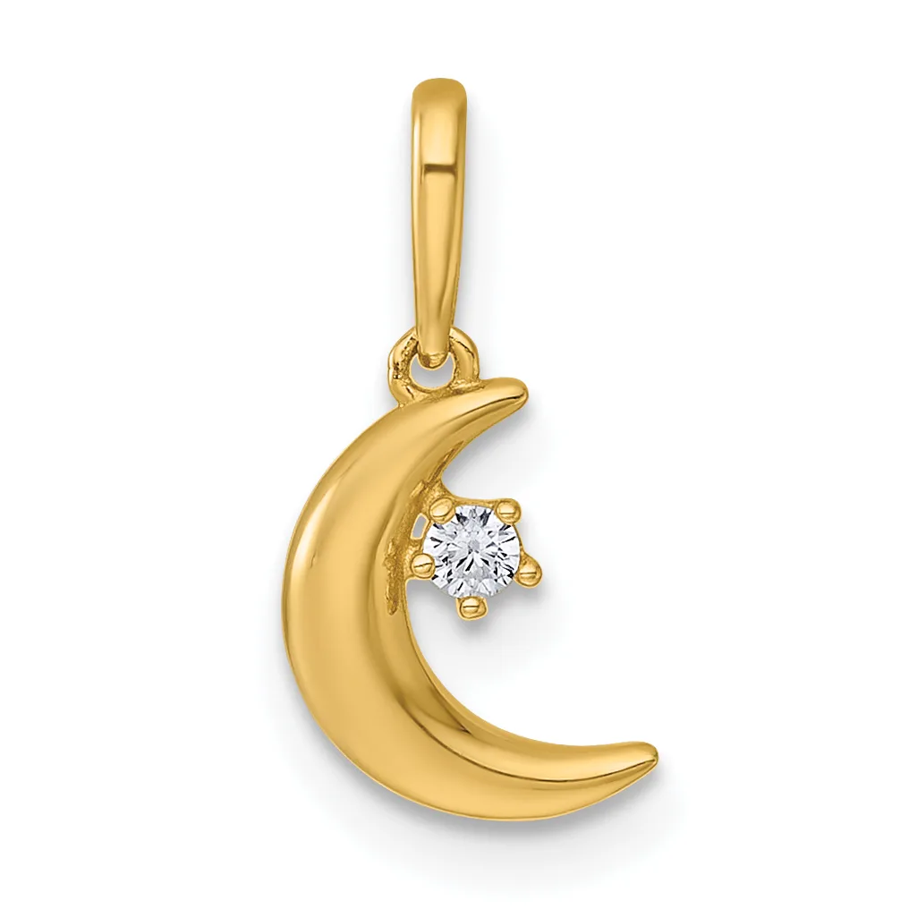 A gold crescent moon pendant with a small round diamond set at the inner curve, suspended from a gold bail.