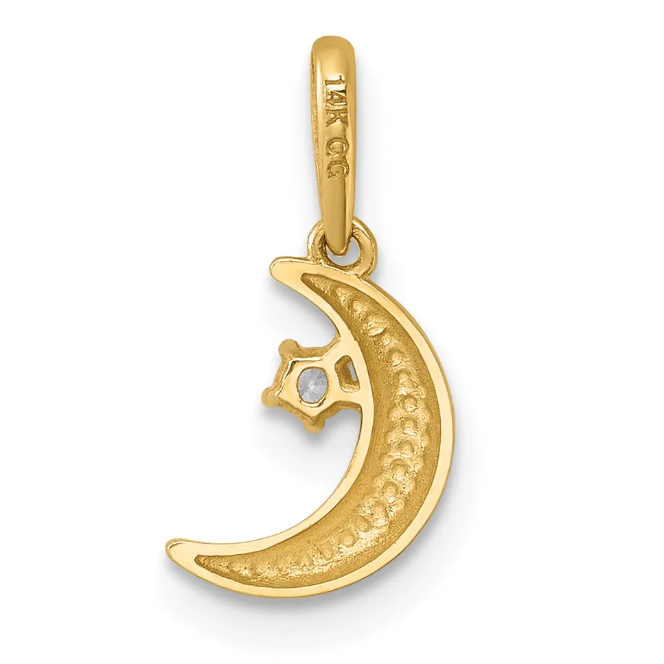 A gold crescent moon pendant with textured surface and a small stone set in the upper curve, suspended from a bale loop.