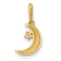 A gold crescent moon pendant with textured surface and a small stone set in the upper curve, suspended from a bale loop.