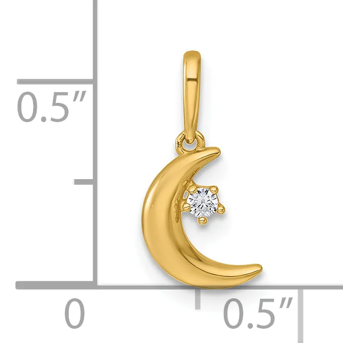 A gold crescent moon pendant with a small round diamond accent, shown against a measurement scale indicating approximately 0.5 inches in height and width.