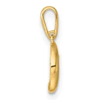 A polished gold pendant shaped like a pea pod hanging from an oval gold loop bail.