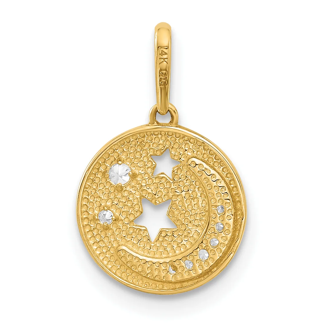 Gold circular pendant with textured surface featuring cutout stars and moon, set with small clear crystals, suspended from a gold bail.